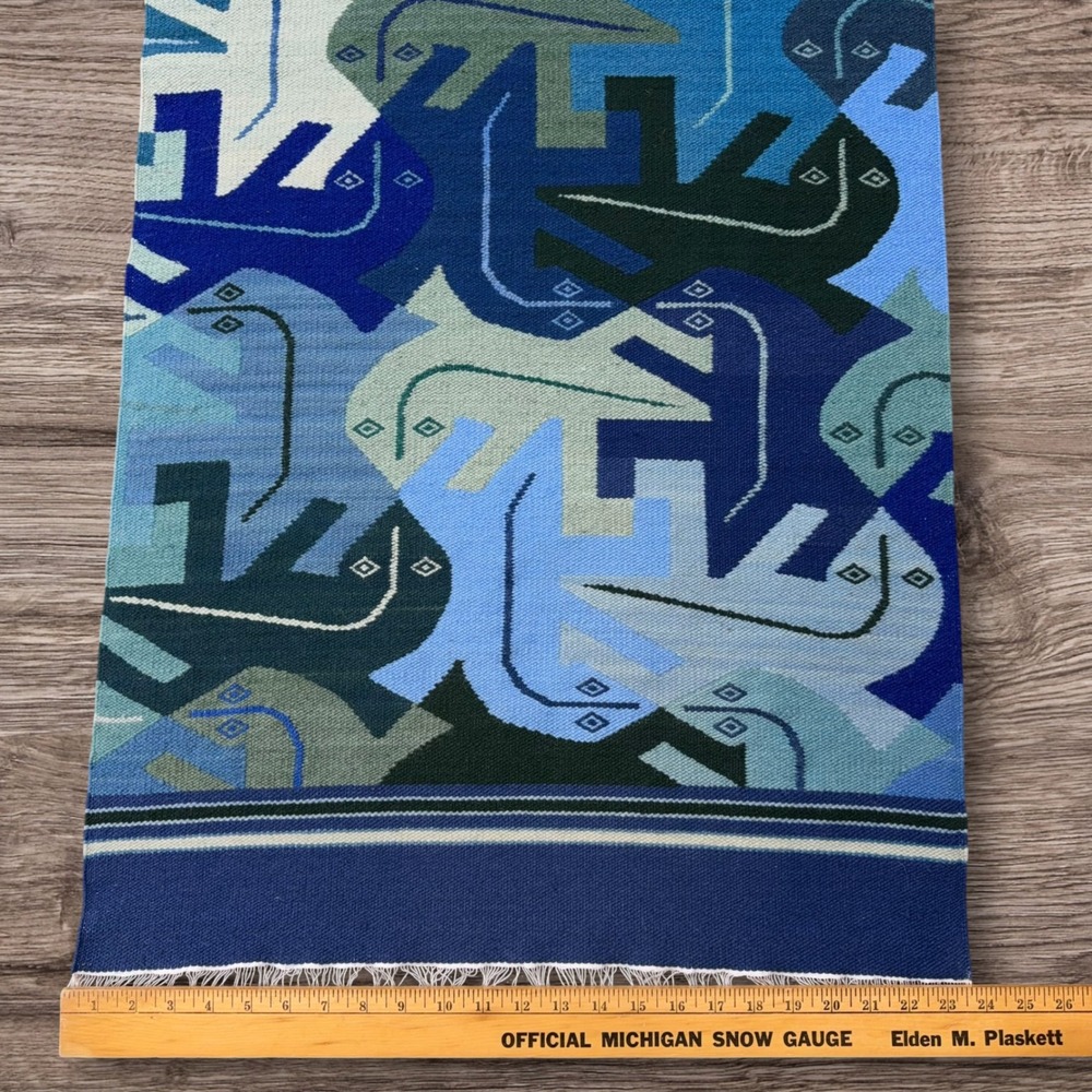 Vtg MC Escher Style Lizard Tessellation Handwoven Wool Tapestry Wall Art Blue - Picture 3 of 7